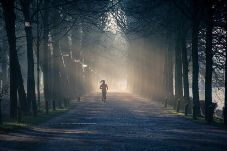 person running near street between tall trees